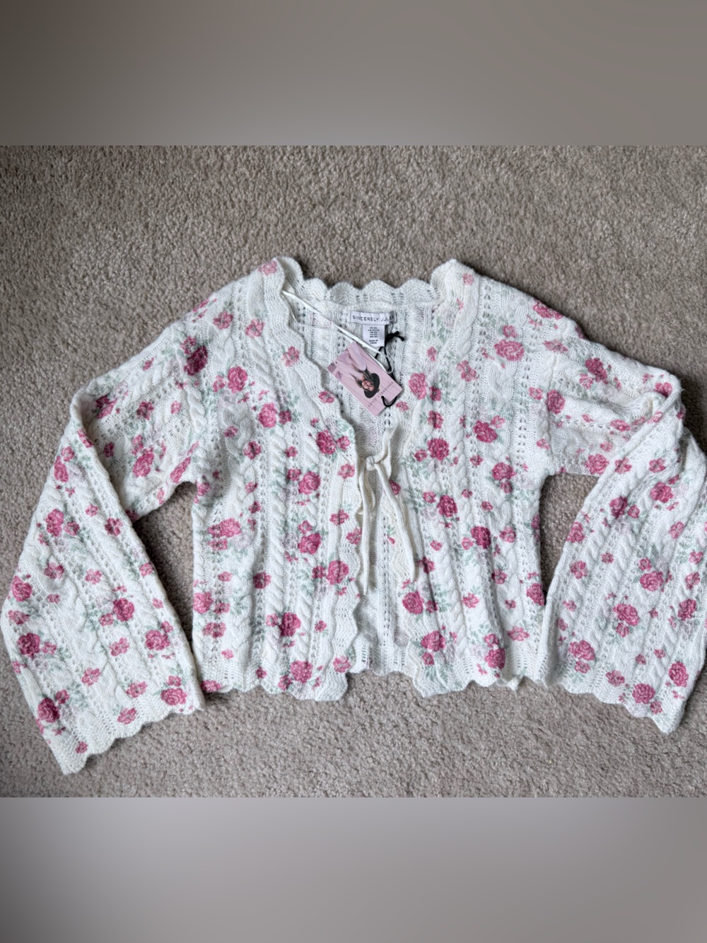 Sincerely Jules White Knit Floral Robe Cardigan with Pink Roses
